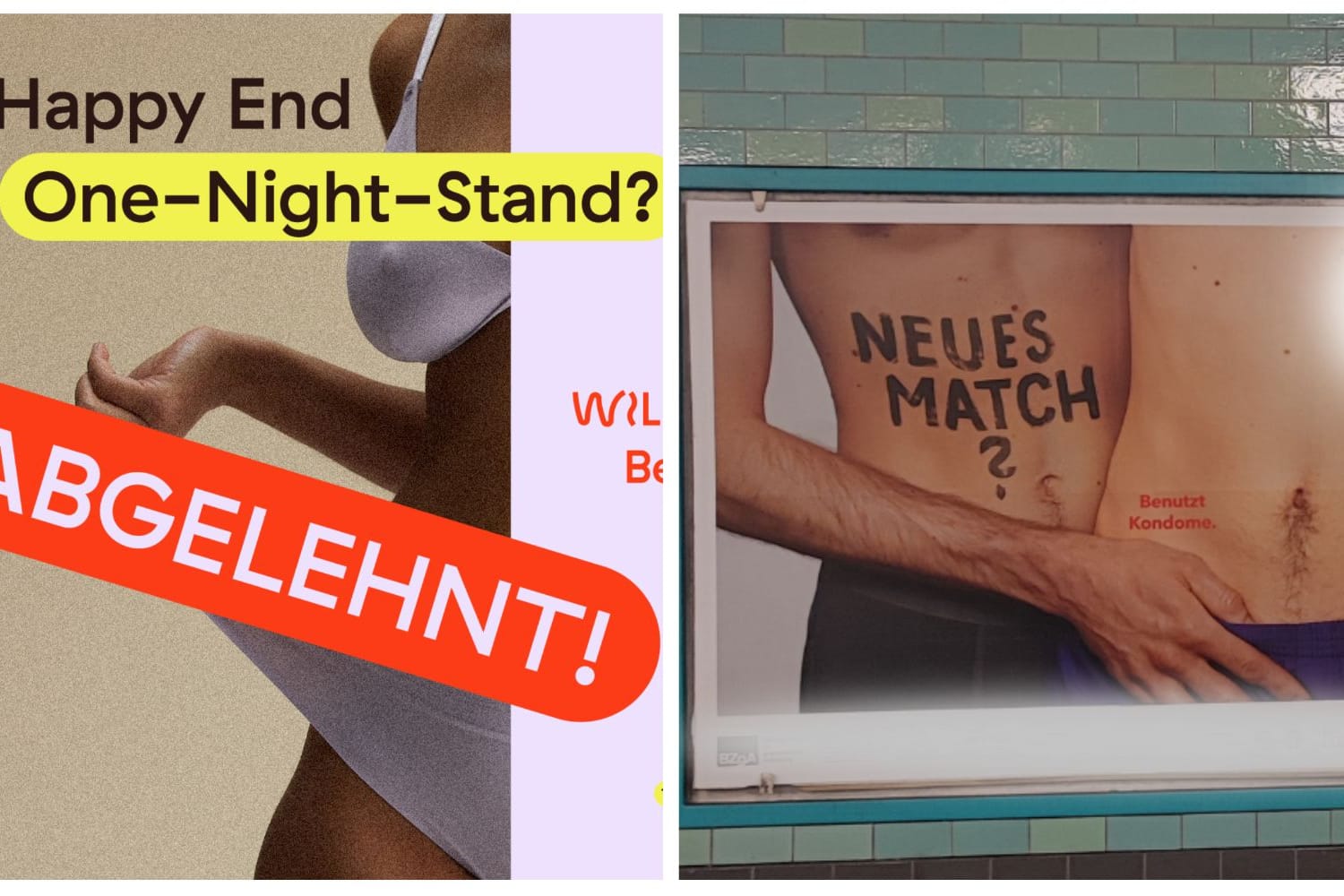 Werbeplakate (Montage t-online): Während das linke Motiv als zu freizügig galt, durfte das rechte im Berliner U-Bahnhof Alexanderplatz aufgehängt werden. Werbeplakate (Montage t-online): Während das linke Motiv als zu freizügig galt, durfte das rechte im Berliner U-Bahnhof Alexanderplatz aufgehängt werden.