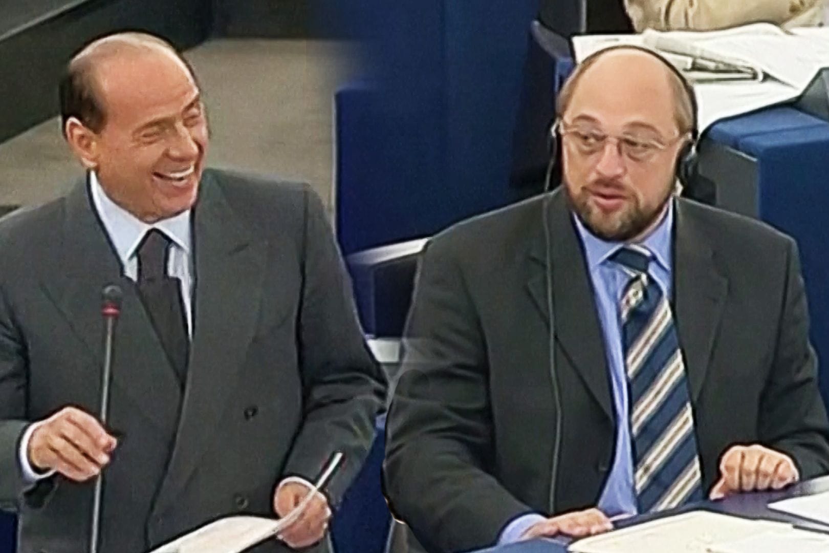 Schlagabtausch im Europäischen Parlament zwischen Berlusconi und Schulz (Collage) Schlagabtausch im Europäischen Parlament zwischen Berlusconi und Schulz (Collage)