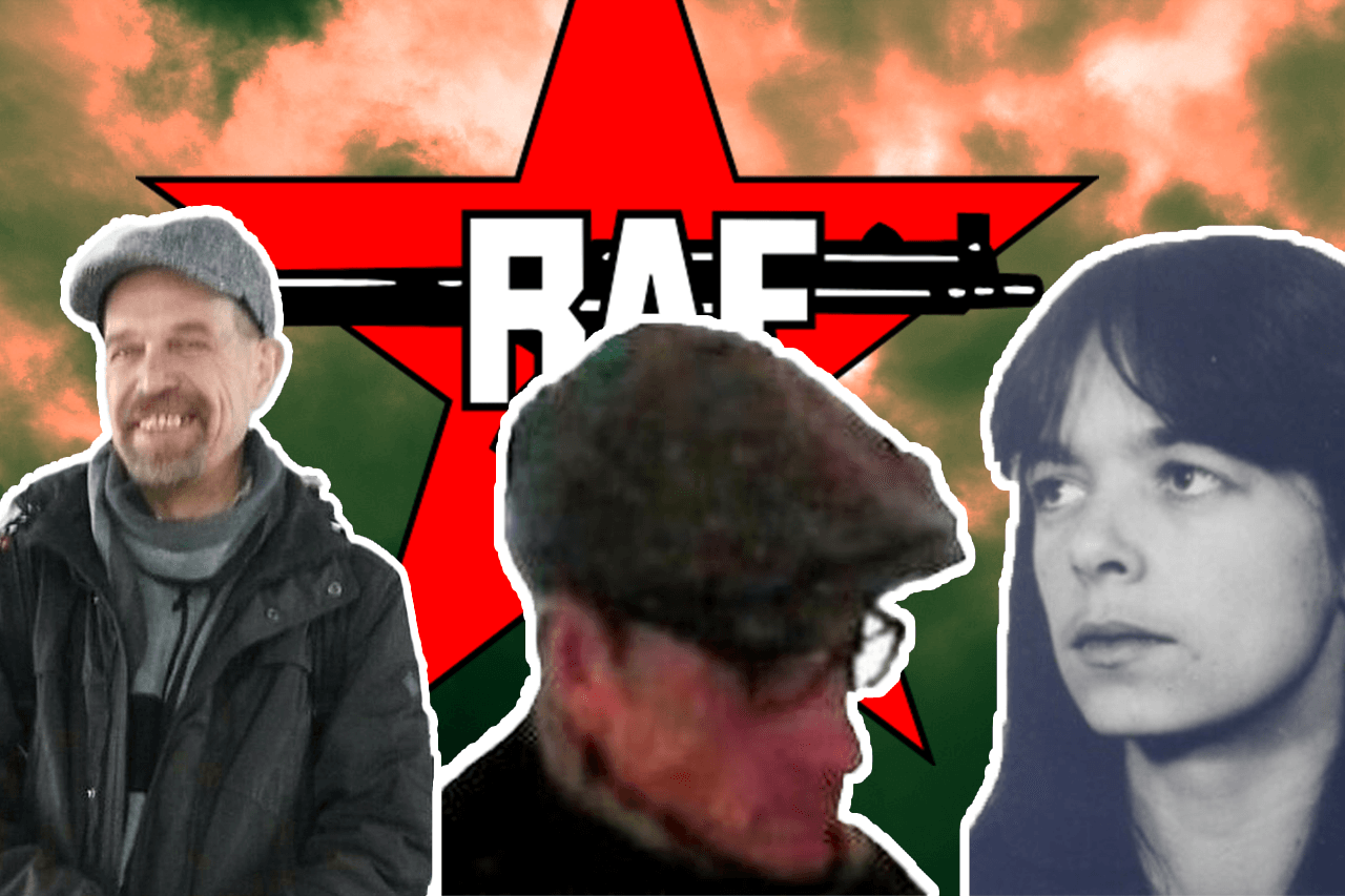 Die drei mutmaßlichen RAF-Terrorristen vor einem RAF-Logo Die drei mutmaßlichen RAF-Terrorristen vor einem RAF-Logo